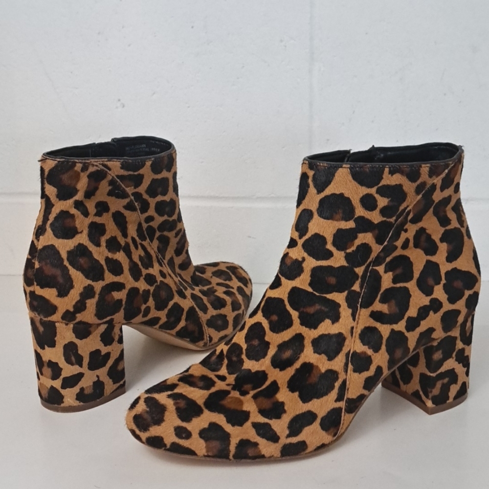 INC Floriann calf hair leopard print block heel ankle boot sz6.5